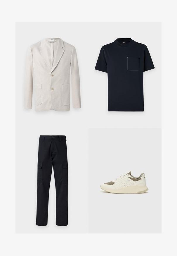 Blazer de malha bege com design de botão único, lapelas recortadas, dois bolsos frontais e dois fechos de botão. Textura suave.; T-shirt de manga curta azul-marinho feito de algodão, com decote redondo e um bolso frontal com detalhes de costura branca em contraste.; Calças cargo pretas feitas de tecido resistente, com corte de perna direita, dois bolsos laterais e fecho de botão na cintura.; Sapatilha atlética branca e bege claro, com parte superior em malha, detalhes perfurados e uma entressola texturizada com marcação no calcanhar.