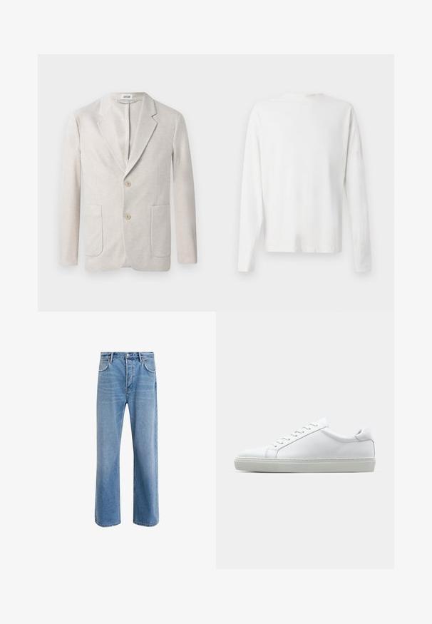 Μπεζ πλεκτό σακάκι με σχέδιο μονής σειράς κουμπιών, με κέντρα καπακιού, δύο εμπρόσθιες τσέπες και δύο κλεισίματα με κουμπιά. Λείος υφασμάτινος χαρακτήρας.; Λευκό βαμβακερό πουκάμισο μακρυμάνικο με στρογγυλή λαιμόκοψη, πλαϊνές σχισμές στο κάτω μέρος και λεία υφή, εμφανιζόμενο από πίσω.; Ανοιχτό μπλε τζιν παντελόνι με ευθεία γραμμή, πέντε τσέπες, κλείσιμο με κουμπί, ελάχιστη φθορά και αντίθετες ραφές.; Λευκό αθλητικό παπούτσι με άνω μέρος από λείο δέρμα και χαμηλό προφίλ. Διαθέτει στρογγυλεμένη μύτη, έξι τρυπούλες και υφασμένη καουτσούκ σόλα.