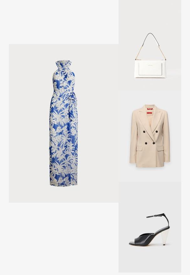 Beige double-breasted blazer with a notched lapel, black buttons, and two front pockets. Features tailored design and smooth texture.; Maxi dress in blue and white floral print; halter neck design with a fitted bodice and a tied waist detail. Smooth fabric, long silhouette.; Black leather high heel sandal with open toe, asymmetrical design, ankle strap, and a metallic cone-shaped heel. Smooth texture throughout.; White leather handbag with a textured finish, featuring a gold chain strap and black accents. Includes a front pocket and zipper closure.