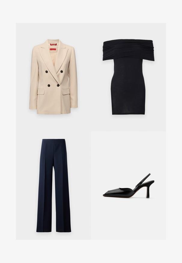 Béžový dvojitý blazer s klopou, čiernymi gombíkmi a dvoma prednými vreckami. Má prispôsobený strih a hladkú textúru.; Čierne šaty bez ramienok s riaseným výstrihom, tesný strih a hladká textura. Minimalistický dizajn, dĺžka po kolená bez ďalších ozdôb.; Široké nohavice z tmavomodrej látky, s hladkou textúrou, jemnými prednými zosilneniami a priliehavým pásom pre elegantný siluetu.; Čierne kožené sandále na podpätku s špicatou špičkou, minimalistický dizajn, tenký remienok okolo členka a elegantný stiletto podpätok. Hladká textúra.
