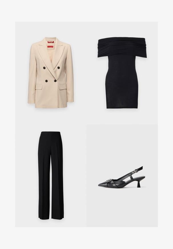 Béžový dvojitý blazer s klopou, čiernymi gombíkmi a dvoma prednými vreckami. Má prispôsobený strih a hladkú textúru.; Čierne šaty bez ramienok s riaseným výstrihom, tesný strih a hladká textura. Minimalistický dizajn, dĺžka po kolená bez ďalších ozdôb.; Čierne široké nohavice s hladkým povrchom, s vysokým pásom a stredovými skladmi. Žiadne viditeľné vzory ani hardvérové detaily.; Čierne kožené slingback topánky s špicatou špičkou, ozdobnými popruhmi s kovovými očkami a nízkym blokovým podpätkom. Textúrovaný povrch.