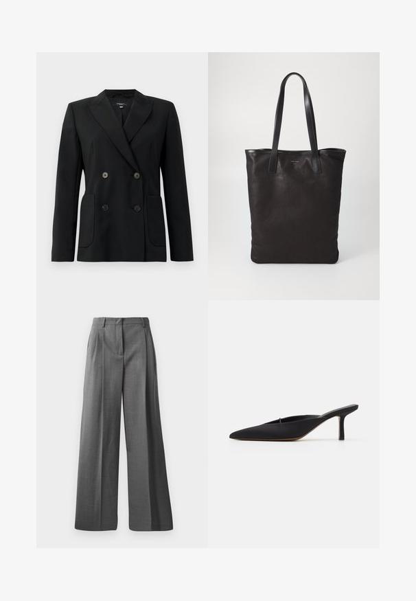 Black double-breasted blazer made of structured fabric, featuring notch lapels, two front pockets, and four black buttons.; Gray turtleneck sweater made from soft fabric, featuring long sleeves, ribbed neck, and hem with a relaxed fit. Smooth texture and simple design.; White long-sleeve button-up shirt with a pointed collar, single chest pocket, and cuffed sleeves. Made of smooth, lightweight fabric.; Gray, wide-leg trousers made from textured fabric with a subtle pattern. Features front pleats and a waistband with belt loops.; Black pointed-toe mule with a sleek design, made of smooth fabric, featuring a slender heel and open back for easy wear.; Black canvas tote bag with black leather handles. Simple design, spacious body, and a smooth texture. No visible logos or patterns.