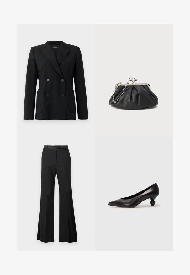 Musta kaksirivinen bleiseri, joka on valmistettu jämäkästä kankaasta ja jossa on asetelmalapelit, kaksi etutaskua ja neljä mustaa nappia.; Musta poolkaelune sviiter, mis on valmistatud pehmest kangast. Omab pikki varrukaid, kõrget kaela ja soonikkoes mansette ning alläänt, mis tagavad keha lähedase ilme.; Mustat leveälahkeiset housut, joissa on sileä kangasviimeistely, yksivärinen vyötärönauha ja laskostukset, jotka antavat siistin ilmeen.; Musta nahkakengät korkealla korolla, joissa on terävä kärki ja pyöreä, pallomainen korko. Sileä pinta ja tyylikäs, minimalistinen muotoilu.; Mustan nahkainen clutch, jossa on rypistetty rakenne, hopeanvärinen metallikehys, suukko-lukko ja ketjuhihna. Sileä, pehmeä pinta.