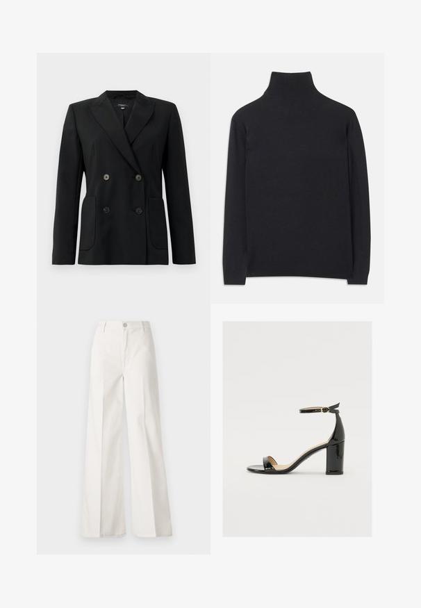 Blazer negro de doble botonadura, hecho de una tela estructurada, con solapas de muesca, dos bolsillos frontales y cuatro botones negros.; Suéter negro de cuello alto hecho de tejido suave. Presenta mangas largas, un cuello alto y puños y dobladillo acanalados para un ajuste ceñido.; Pantalones de pierna ancha blancos hechos de algodón con una textura suave. Cuenta con un botón delantero, cremallera y un diseño de cuatro bolsillos.; Sandalia de charol negro con tacón ancho, punta abierta y correa en el tobillo que cuenta con una hebilla dorada. Textura suave y diseño elegante.