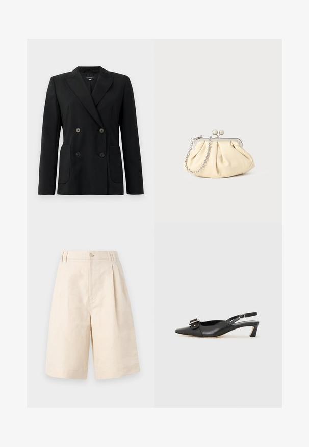 Melnā dubultā jaciņa, kas izgatavota no strukturēta auduma, ar griezumiem pie apkakles, divām priekšējām kabatām un četriem melniem pogām.; Melnas adītas īsām piedurknēm džemperis ar apaļu kakla izgriezumu. Iekšpusē ir ribota struktūra un taisna apakšmalu. Etiķete iekšējā apkaklē.; Beige linu džinsi ar brīvu piegriezumu, ar pogu aizdari, krokām un līdz ceļiem garumu. Gluda tekstūra un vienkāršs stils.; Melnas ādas siksnu kurpes ar smailu pirkstu, nelielu papēdi un dekoratīvu sprādzi augšdaļā. Gluda tekstūra, minimālistisks dizains.; Rūpīgi pleatota bežīga ādas somiņa ar sudraba metāla rāmi, kurai ir divas apaļas dekoratīvas sprādzes un sudraba ķēdes siksna.