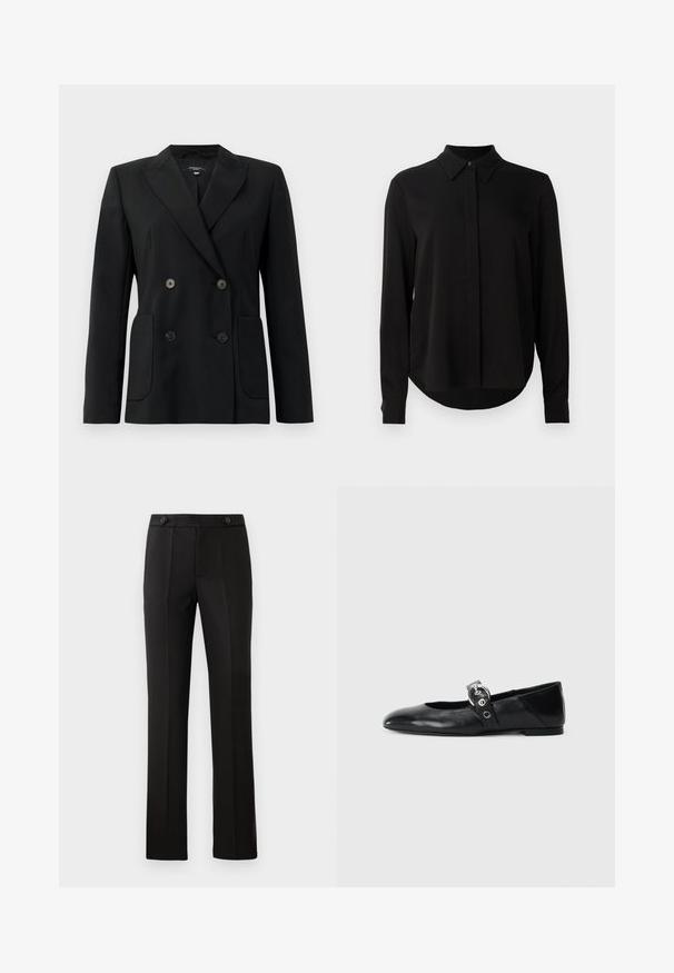 Blazer nero doppiopetto realizzato in tessuto strutturato, con rever a forma di pescante, due tasche frontali e quattro bottoni neri.; Blusa nera a maniche lunghe con colletto a punta, patta dei bottoni nascosta e orlo curvo su uno sfondo bianco semplice.; Pantaloni neri su misura con gamba dritta, due tasche frontali, chiusura con bottone e dettagli con pieghe sul davanti. Tessuto morbido.; Ballerine in pelle nera con punta appuntita, dotate di una fascia con una fibbia metallica circolare e suola piatta.