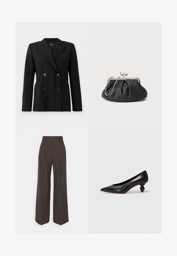 Blazer noir croisé en tissu structuré, avec des revers en pointe, deux poches avant et quatre boutons noirs.; T-shirt blanc à manches courtes en tissu doux. Doté d'un col rond et d'une coupe droite, avec une étiquette sur le col intérieur.; Pantalons larges marron foncé à taille haute, avec des plis soigneusement marqués, une texture lisse et une coupe ajustée.; Chaussure à talon haut en cuir noir avec un bout pointu et un talon arrondi. Texture lisse avec un design épuré et minimal.; Porte-monnaie en cuir noir avec texture froncée, cadre en métal argenté, fermeture à verrouillage kiss-lock et bandoulière en chaîne. Surface lisse et douce.