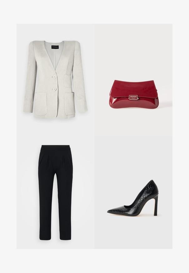 Svijetlo siva kordura blejzer s dubokim V-izrezom, dva prednja džepa i dva gumba. Ima teksturiranu površinu i strukturirane ramene.; Plava satenasta bluzica kratkih rukava s četvrtastim izrezom i zatvaranjem na zip. Glatka tekstura i lagano slobodan kroj.; Crne široke hlače od glatkog materijala. Imaju elastčnu struk i dva prednja nabora. Nema vidljivih uzoraka ili dodataka.; Crne visoke potpetice s oštrim prstima, od teksture krokodilske kože, elegantnog dizajna, visoke stiletto potpetice i glatkog crnog unutrašnjosti.; Crvena torbica od lakirane kože s zakrivljenim dizajnom, preklopom i metalnim logotipom na srebrnoj pločici. Glatka, sjajna tekstura.