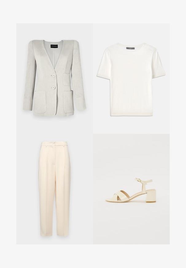 Light grey corduroy blazer with a deep V-neck, two front pockets, and two buttons. Features a textured finish and structured shoulders.; White short-sleeve knit top with a round neckline, featuring a smooth texture and subtle ribbed accents at sleeves and hem.; Beige tailored trousers with a straight fit, featuring pleats at the front, a smooth texture, and a mid-rise waist. No visible pockets.; Beige patent leather heeled sandals with cross strap design, open toe, adjustable ankle strap, and a block heel. Smooth texture.
