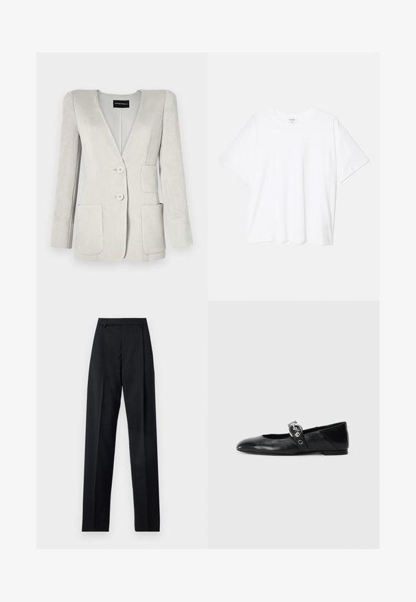 Svijetlo siva kordura blejzer s dubokim V-izrezom, dva prednja džepa i dva gumba. Ima teksturiranu površinu i strukturirane ramene.; Bijela pamučna majica s kratkim rukavima, okruglim izrezom, opuštenim krojem i šivenim rubom. Etiketa je vidljiva na unutarnjoj strani vrata.; Crne hlače od glatkog materijala s visokim strukom, širokim nogavicama, prednjim pregibima i klasičnim petljama za remen. Nema vidljivih bočnih džepova.; Crne kožne baletanke s špicastim nosom, s remenom s okruglom metalnom kopčom i ravnim potplatom.