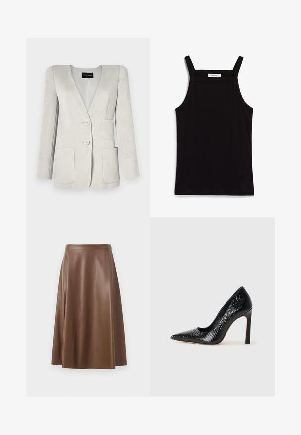 Heled halli kordonüüriga bleiser sügava V-kaelusega, kahe esipocketi ja kahe nööbiga. Omab tekstuuri viimistlust ja struktureeritud õlgu.; Must must vest, mille õhukeste spagettiratastega, ribakanga materjalist, sirge lõikega ja kaela piirkonnas sildi "IVY OAK".; Pruun nahkne A-line seelik, millel on sile tekstuur ja keskmise pikkusega lõhik. Omab sobivat vöökohta ja kerget laienemist puusadelt.; Mustan teravaotsaga kõrge kontsaga king, millel on krokodillimustriga tekstuur, stiilne disain, kõrge stilettokonts ja sile must sisesisustus.