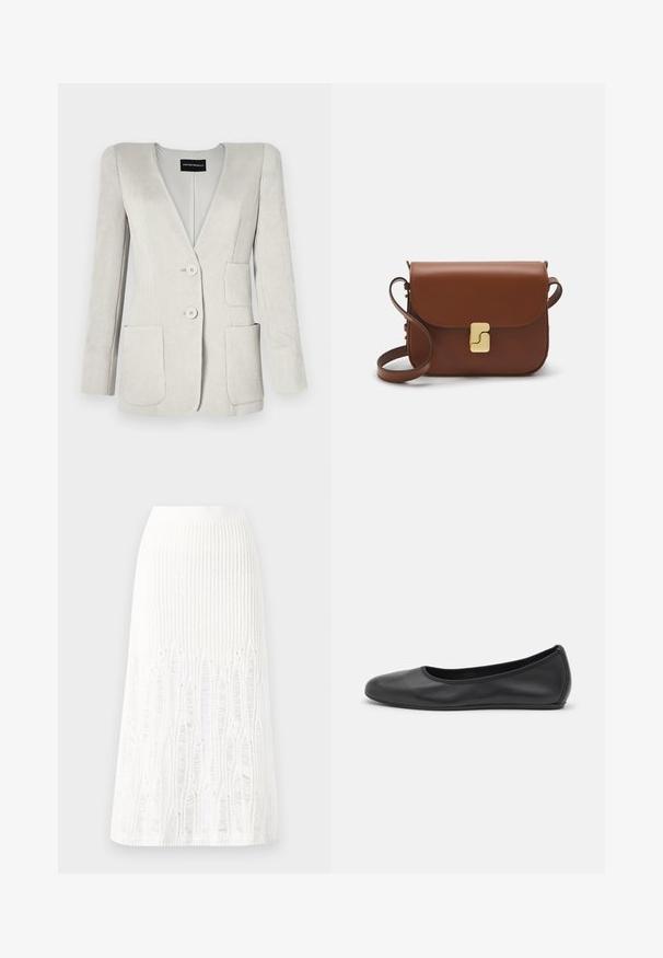 Light grey corduroy blazer with a deep V-neck, two front pockets, and two buttons. Features a textured finish and structured shoulders.; White short-sleeve t-shirt made of ribbed fabric. Round neckline, regular fit, and subtle stitching details. No patterns or graphics.; Knit white midi skirt featuring a textured pattern with vertical lines and cut-out details near the hem. Elastic waistband. Soft material.; Black leather ballet flat with a rounded toe, smooth texture, minimal stitching detail, and a flexible sole design.; Brown leather handbag with a flap closure, gold-tone hardware, a shoulder strap, and a smooth texture. Compact rectangular shape.