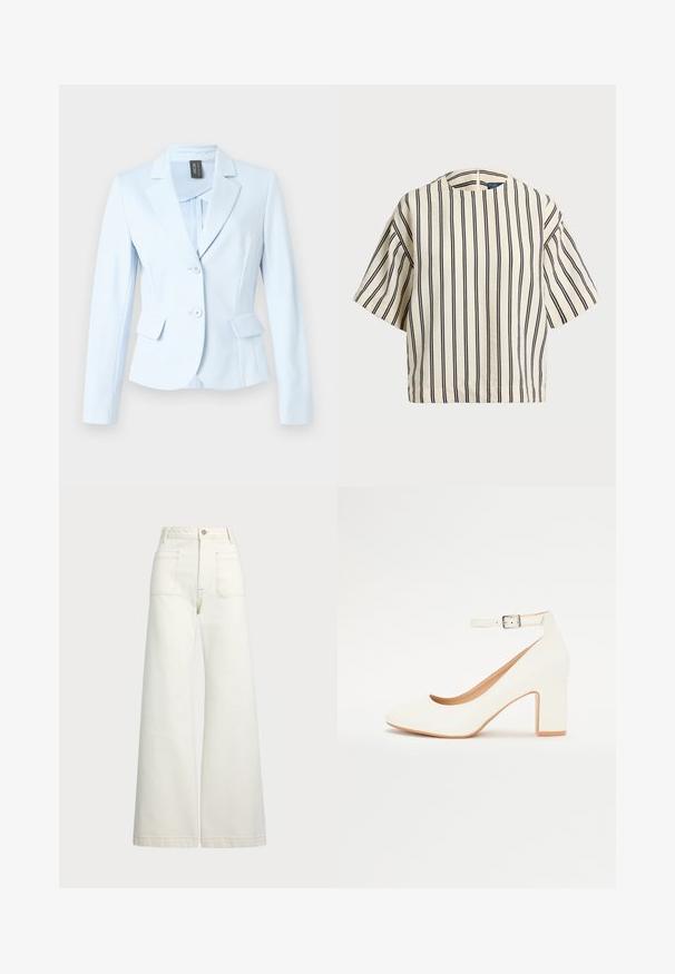 Blazer azul-claro feito à medida, com lapelas entalhadas, dois bolsos frontais, dois botões e textura suave. Interior forrado com um design minimalista.; Top de manga curta, riscado em creme e azul marinho, com decote redondo e design boxy em tecido texturizado.; Jeans de perna larga em denim off-white. Design de cintura alta com fecho de botão, dois bolsos frontais e detalhes de costura em contraste.; Sandalha branca de salto alto com ponta afiada, salto bloco e tira no tornozelo. Acabamento suave com um brilho subtil e forro bege.