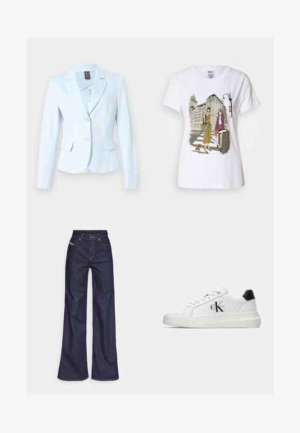 Light blue tailored blazer with notched lapels, two front pockets, two buttons, and a smooth texture. Lined interior with a minimalist design.; White cotton T-shirt featuring a printed illustration of two women in urban fashion styles with a dog on a crosswalk and city buildings.; Dark blue wide-leg jeans in denim fabric with a high waist, featuring orange stitching, five-pocket design, and a button closure.; White low-top sneaker with black heel tab, platform sole, laces, and Calvin Klein "CK" logo on the side.