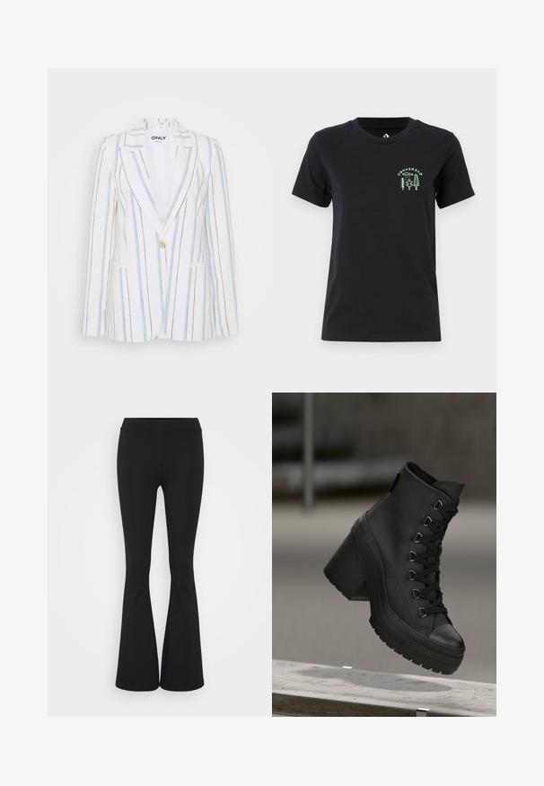 Blazer rayé en blanc, bleu et marron. Doté d'une fermeture à un bouton, de revers crantés et de deux poches avant. Tissu texturé.; Converse FOREST ART TEE - T-shirt imprimé - black; Pantalon évasé noir en tissu extensible, présentant une taille haute et une texture lisse. Le pantalon s'élargit à partir du genou.; Bottes montantes noires à plateforme avec une finition en cuir texturé, lacées à l'avant et à talon épais. Présentent une semelle en caoutchouc avec des motifs de semelle distincts.