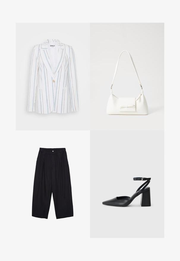 Pasiakowana marynarka w bieli, niebieskim i brązowym. Posiada jedno zapięcie na guzik, klapy w kształcie notcha oraz dwie przednie kieszenie. Teksturowany materiał.; Czarna koszulka z krótkim rękawem wykonana z bawełny. Posiada okrągły dekolt i luźny krój z gładką, jednolitą teksturą. Brak widocznych wzorów lub akcentów.; Czarne spodnie culotte z poliestru z elastycznym pasem, dwoma fałdami z przodu i luźnym krojem. Brak widocznych wzorów lub elementów metalowych.; Czarne skórzane czółenka z ostrym noskiem, z paskiem na kostce i grubym obcasem. Gładka faktura, elegancki design i minimalistyczna estetyka.; Biała syntetyczna torba o trójkątnym kształcie, płaskim przednim klapce i detalach w postaci kokardy, regulowanym pasku, gładkiej fakturze oraz minimalistycznym designie.