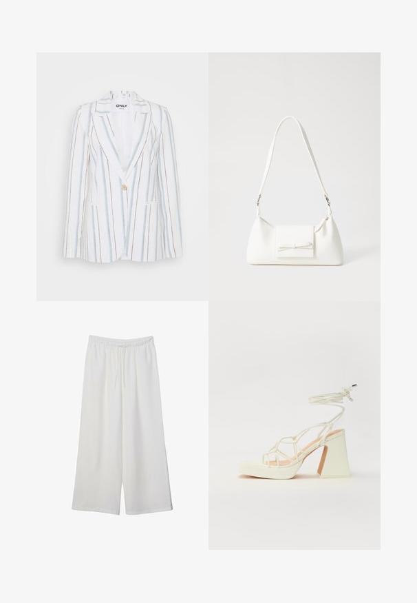 Prugasta blazer v beli, modri in rjavi barvi. Ima eno gumbno zapiranje, zarejena ovratnika in dva sprednja žepa. Teksture tkanine.; Bela majica s kratkimi rokavi in okroglim ovratnikom, izdelana iz mehke bombažne tkanine, ki ima preprost, čist dizajn brez vidnih vzorcev ali poudarkov.; Bele široke hlače iz lahkega materiala, ki imajo elastičen pas in vrvico za prilagajanje. Gladka tekstura.; Bela sandala na visokih petah s debelim petam, ki ima obliko trakcev in vezanje okoli gležnja. Gladka tekstura z platformo spredaj za dodatno višino.; Bela sintetična torbica v obliki trikotnika, z ravnim sprednjim poklopcem in detajlom mašne, nastavljivim trakom, gladko teksturo in minimalističnim dizajnom.