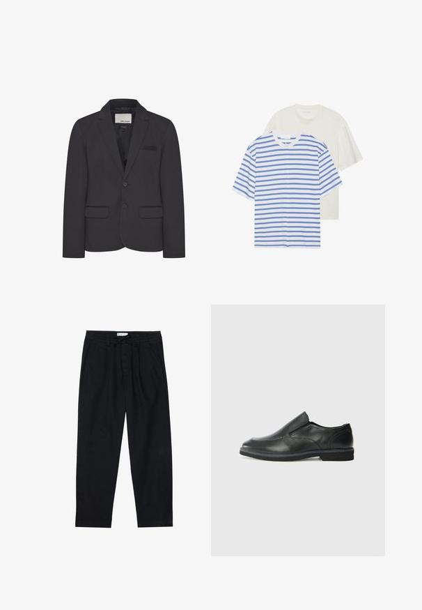 Black blazer made of structured fabric, featuring a notch lapel, two front pockets, and a single button closure. Minimal detailing.; Two short-sleeve t-shirts: one white with blue stripes and one solid light cream. Soft cotton material, crew neck design, relaxed fit.; Pier One Chinos - black; Black leather slip-on shoe with a smooth upper, stitched accents, rounded toe, and a low rubber heel. Sole features minimal tread.