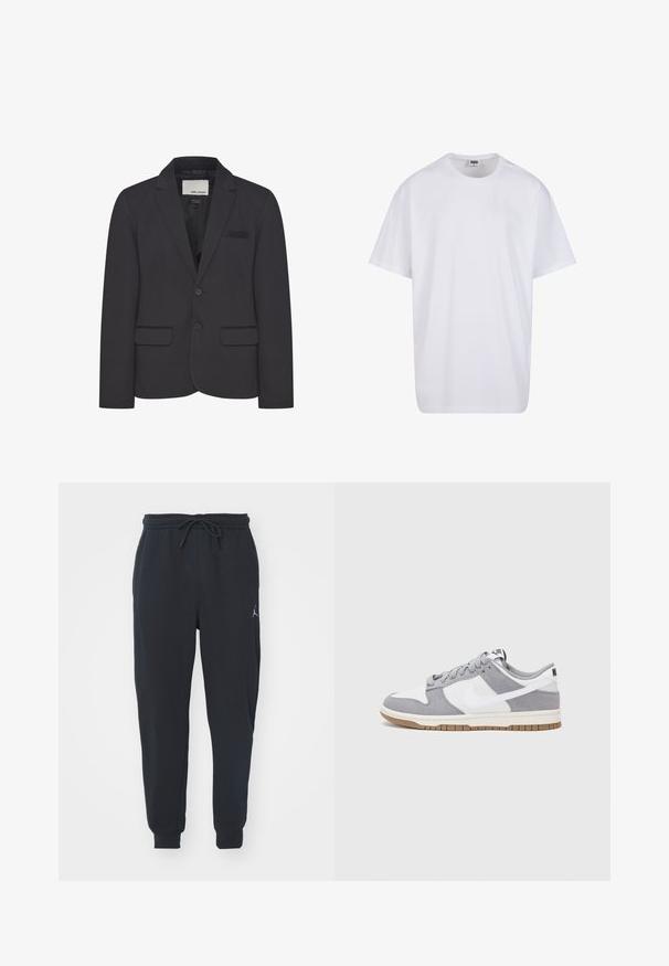 Melnā žakete, izgatavota no strukturēta auduma, ar iegrieztu apakšmalu, divām priekšējām kabatām un vienu pogu aizdari. Minimālas detaļas.; Balta kokvilnas T-kreklu ar īsām piedurknēm, apaļu kakla izgriezumu, brīvu piegriezumu un bez redzamām logo vai rakstiem. Gluda tekstūra un minimālistisks dizains.; Melnas sporta bikses, kas izgatavotas no mīkstas auduma, ar elastīgu jostu ar auklu, ribotām piedurknēm un mazu logotipu kreisajā augšstilbā.; Pelēki un balti sporta apavi ar zamšādas un ādas virsu, noapaļota purngala, plakaniem šņorēm un gumijas zoli ar gumijas akcentu.