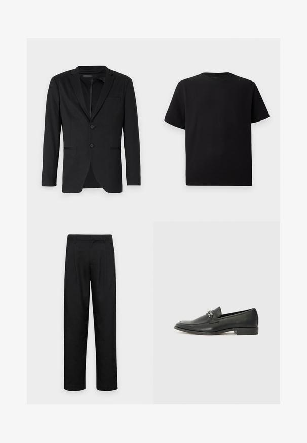 Blazer preto com ajuste slim, apresentando dois botões, lapelas em pico e bolsos laterais. Feito de um tecido liso com uma textura subtil.; T-shirt preta de mangas curtas feita de tecido texturizado, com decote redondo e um corte descontraído. Simples, sem padrões ou detalhes.; Calças pretas feitas de tecido suave, com um design de perna reta, dois pregas frontais e uma cintura padrão com passantes para cinto.; Sapatilha de couro preta com um acabamento suave, apresentando um design cosido e um detalhe decorativo de corrente de metal atravessando o peito do pé. Salto baixo.