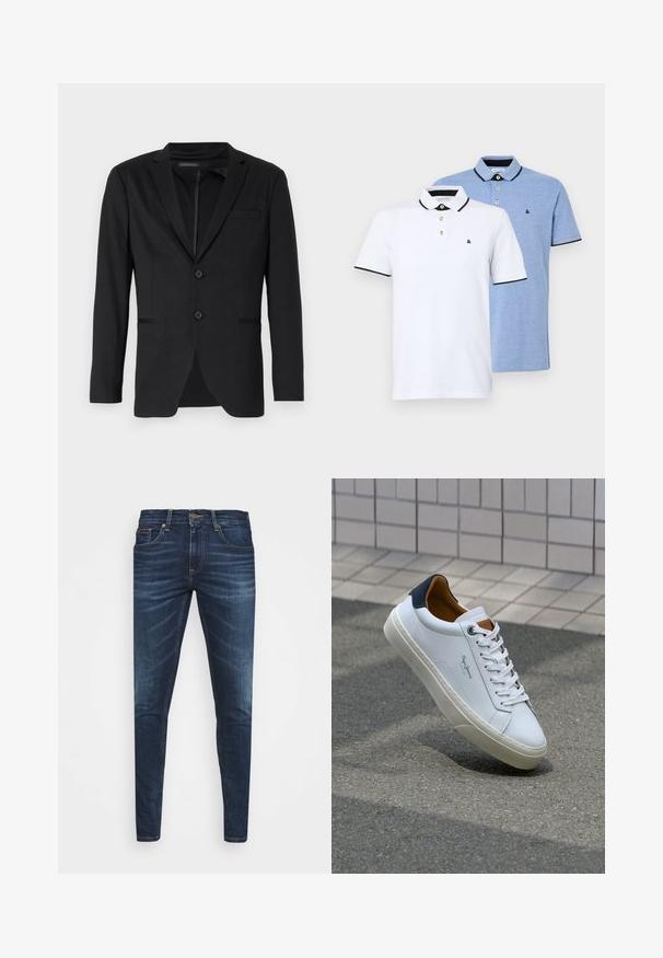 Juodas švarkas, prigludęs prie kūno, su dviem mygtukais, notch tipo apykakle ir šoninėmis kišenėmis. Pagamintas iš lygaus audinio su subtiliu tekstūru.; Du dušo marškiniai: vieni balti su juodomis detalėmis, kiti šviesiai mėlyni. Kiekvieni turi apykaklę ir dviejų mygtukų pastatą su logotipu.; Tamsiai mėlynos džinsinės kelnės su liesu siluetu, subtiliu nusidėvėjimu, penkiomis kišenėmis ir metaliniu mygtuku užsegimui. Įsiūtos akcentai kontrastinga spalva.; Balti odiniai sportbačiai su mėlynu kulnu, apvalia nosimi ir kontrastingais rudais akcentais. Aptakios raišteliai ir tekstūruota guma.