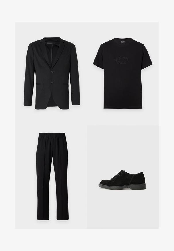 Čierny sako s úzkym strihom, ktoré má dva gombíky, klopové límce a bočné vrecká. Vyrobené z hladkej tkaniny s jemnou textúrou.; Čierne bavlnené tričko s krátkymi rukávmi a okrúhlym výstrihom. Na prednej strane sa nachádza embosovaný nápis "ORIGINALS Studio" v tónovaných písmenách.; Čierne nohavice s elastickým pásom a rovnými nohavicami, majú hladkú textúru a žiadne viditeľné vzory ani kovové doplnky.; Čierne zamšové pánske topánky s okrúhlou špičkou, kontrastným prešívaním a gumovou podrážkou. Obsahuje minimálne šnurovanie a hladký horný dizajn.