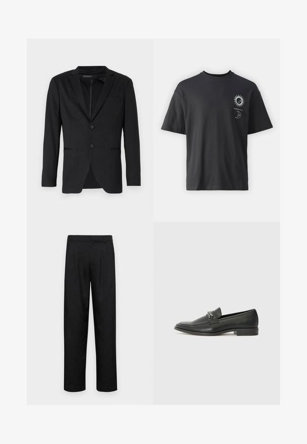 Svart blazer med slim fit, som har to knapper, notcheslags og sidelommer. Laget av glatt stoff med en subtil struktur.; Svart bomullst-skjorte med korte ermer, rund hals og frontgrafikk av en sol og måne, ledsaget av teksten "Le Soleil et La Lune."; Sorte bukser laget av glatt stoff, med rette ben, to frontfoldninger og standard liv med beltehemper.; Sorte skinnloafers med en glatt finish, og med en sydd design og en dekorativ metallkjedeakcent over foten. Flat hæl.