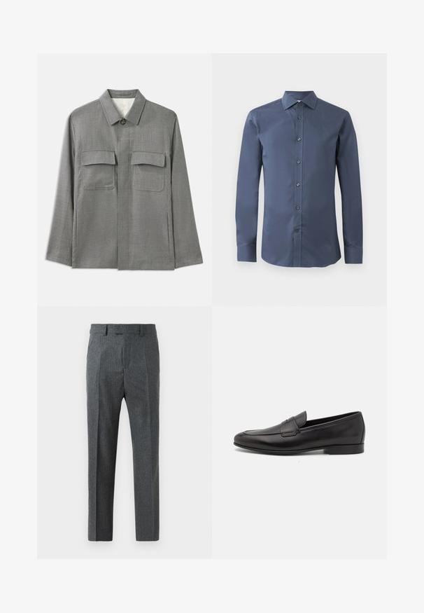 Siva prilagojena jakna iz teksturirane tkanine, z gumbom za zapiranje, koničastim ovratnikom in dvema žepoma na prsih. Klasična ravna zasnova.; Mornarsko modra srajca z dolgimi rokavi iz gladkega blaga, z gumbnim zapenjanjem na sprednji strani, klasičnim ovratnikom in črnimi gumbi.; Sive prilegane hlače z drobnim karirastim vzorcem, ravne noge in gladko teksturo blaga. Imajo zanke za pas in zadrgo.; Moški črni usnjeni loafer s nizkim peto in klasičnim penny trakom, prikazan v bočnem profilu na belem ozadju.