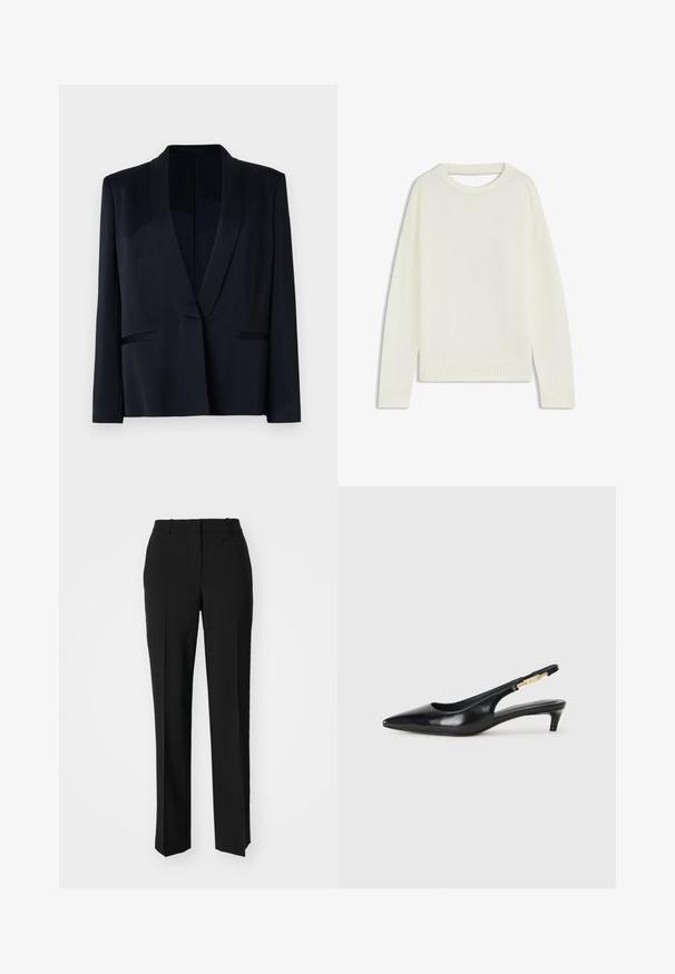 Mustapuku, jossa on kauluskanteen muotoinen kaulus, yksittäinen nappisulku, kaksi etutaskua ja sileä kangasnukka. Ei näkyviä kuvioita tai koristeluita.; Vaalean kermanvärinen neule, jossa on pyöreä pääntie, pitkät hihat, ribbireunus ja pehmeä texture. Ei kuvioita tai näkyviä kiinnitysdetaileja.; Mustat räätälöidyt housut suoraa lahjetta, joissa on sileä pinta ja terävät taitteet edessä. Ei näkyvää metalliosaa.; Mustat nahkaiset slingback-korkokengät, joissa on terävä kärki, ohuet korot ja kultasävytteinen yksityiskohta säädettävässä hihnassa. Silkkinen pinta.