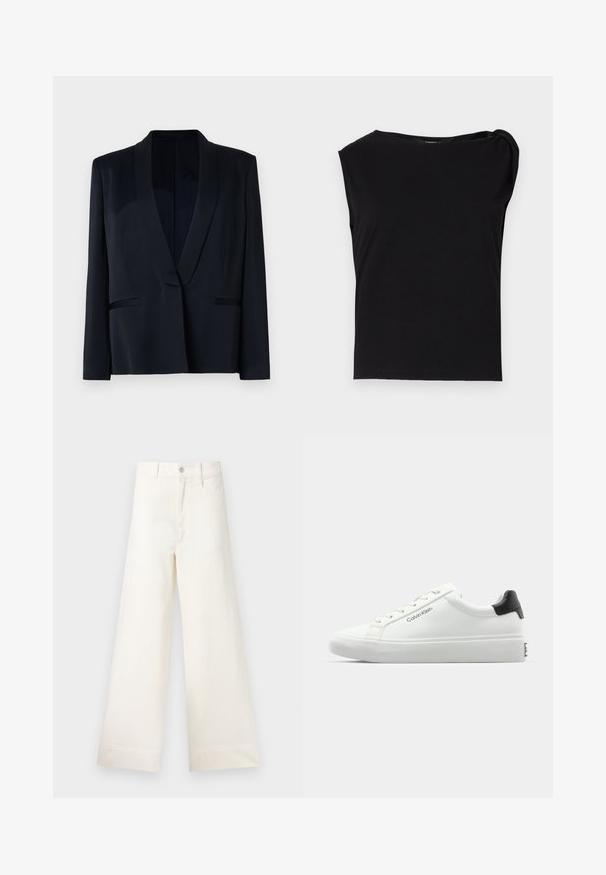 Fekete blézer sálgallérral, egysoros gombolással, két elülső zsebbel és sima szövet felülettel. Nincsenek látható minták vagy díszítések.; Fekete, rövid ujjú felső, sima anyagból készült. Kerek nyakkivágással és redőzött részletekkel a vállon. Egyszerű, szoros fazon.; Világos bézs pamut széles lábú nadrág. Magas derék, elülső zsebek és egyenes vonalú fazon jellemzi. Tiszta, mintázat nélküli hem befejezés.; Fehér sneaker sima felülettel, fekete sarok akcentussal és fűzős dizájnnal. Oldalán "Calvin Klein" márkázás található. Minimalista stílus.