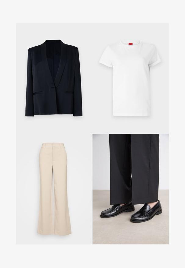 Must)riid must ülikond, millel on krae, üks nupuga sulgemine, kaks eesmist taskut ja sile kangastekstuuri. Mitte mingisuguseid nähtavaid mustreid ega kaunistusi.; Valge lühikeste varrukatega T-särk, mis on valmistatud kergest puuvillast. Omab ümmargust kaelust ja rullitud varrukaid. Kaelusel on punane logo sildike.; Beeži laiad püksid sujuva tekstuuriga, kõrgendatud vöökoht ja kaks eesmist taskut. Puhtas disain, mis on kohandatud sobivusega.; Mustadest nahast loaferdest on sile pind, õmmeldud detaile varvaste ümber ja madal kummitald. Kombineeritud laia musta pükste jaoks.