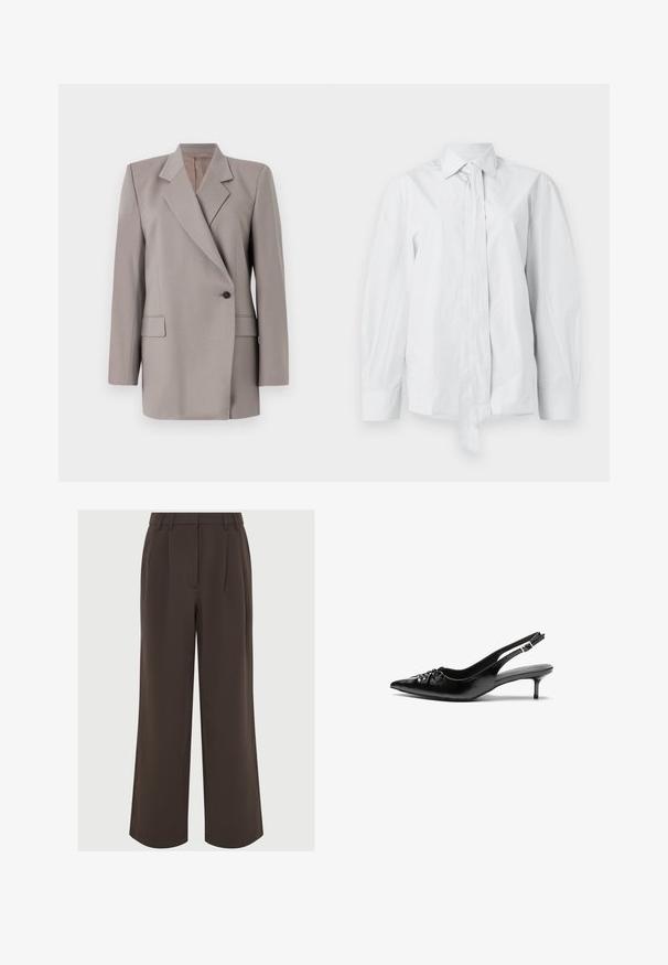 Tiger of Sweden ELIWIRAA - Žakete - mole; Balta, garām piedurknēm krekls ar klasisku apkakli un pagarinātu priekšējo saišu. Izgatavots no gludas auduma, ar brīvu piegriezumu un bez rakstiem.; Brahma plaša kāju bikses, kas izgatavotas no gludas auduma. Iezīme priekšējās krokas un pielāgojama jostes vieta ar jostu cilpiņām.; Melni ādas sandales ar norādītu pirkstu, mazu kaķa papēdi un dekoratīvu mezglu detaļu priekšā. Gluda tekstūra visā virsmā.