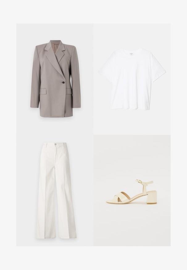 Tiger of Sweden ELIWIRAA - Bleizeris - mole; Balta medvilnės marškinėliai trumpomis rankovėmis, apvalia iškirpte, laisvo kirpimo ir su siūtu kraštu. Etiketė matoma vidinėje iškirptės pusėje.; Balti platūs baltos spalvos keliai, pagaminti iš medvilnės su lygiu paviršiumi. Yra priekinis mygtukas, užtrauktukas ir keturi kišenės.; Bežinės patentinės odos aukštakulnės šlepetės su kryžminiu dirželiu, atvira nosimi, reguliuojamu kulkšnies dirželiu ir blokuotu kulnu. Lygi tekstūra.