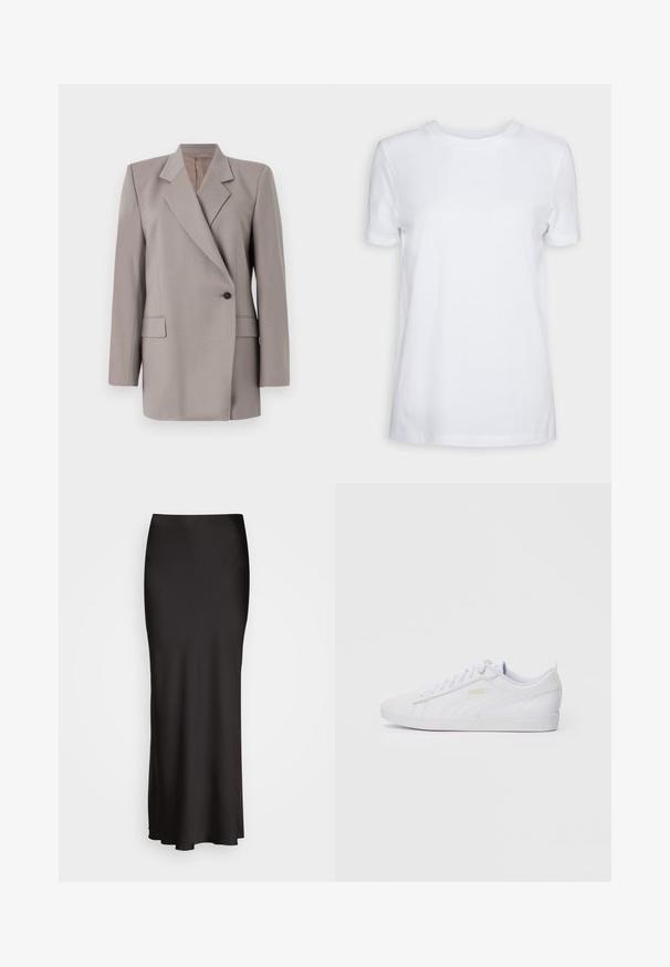 Tiger of Sweden ELIWIRAA - Blejzr - mole; Bílý tričko s krátkým rukávem vyrobené z bavlny. Design s kulatým výstřihem, hladká textura a žádné viditelné vzory nebo akcenty. Základní styl.; Černá, dlouhá saténová sukně s hladkou texturou, úzkým pasem a A-liniovým střihem, bez viditelných ozdob nebo vzorů.; Bílé nízké tenisky Puma s šněrováním vpředu, jemným logem na boku a podrážce a hladkým syntetickým svrškem pro volnočasové nošení.