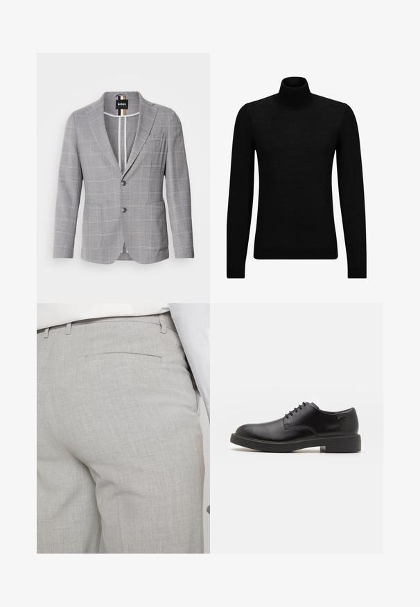 Sivina karirana blejzer iz tkanine z rahlo teksturo. Ima odrezan ovratnik, zapiranje na dva gumba in sprednje žepke.; Črna turtleneck pulover iz mehkega materiala, z dolgimi rokavi in tesnim prileganjem. R ibana obroba na robu in rokavih. Preprosta zasnova.; Svetlo sive hlače po meri iz teksturirane tkanine, z enim zadnjim žepom in čistim šivom.; Črne usnjene čipkaste čevlje z zaobljenim nosom, gladko teksturo, minimalnim šitjem in nizkim gumijastim peto. Logo na peti.