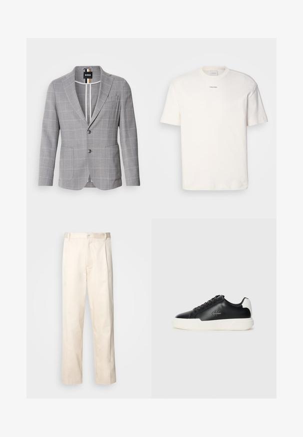 Hallidega hall checkered bleiser, mis on valmistatud peene tekstuuriga kangast. Omab sälg-lapeli, kahe nupu sulgemist ja ees olevaid taskuid.; Valge puuvillane T-särk, millel on ümar kaelus, lühikesed varrukad ning rinnas keskel tikitud "Calvin Klein" logo. Üksluisus.; Beesidised puuvillased püksid sirge jala lõikega, mis on varustatud nööpkinnituse ja ees olevate voltidega, et lisada detaili.; Mustad musta nahast jooksutossud valge kummist tallaga. Omavad ümmargust ninakujuga disaini, paeltega kinnitust ja logo detaili külgedel. Tagumine aktsent on valge.