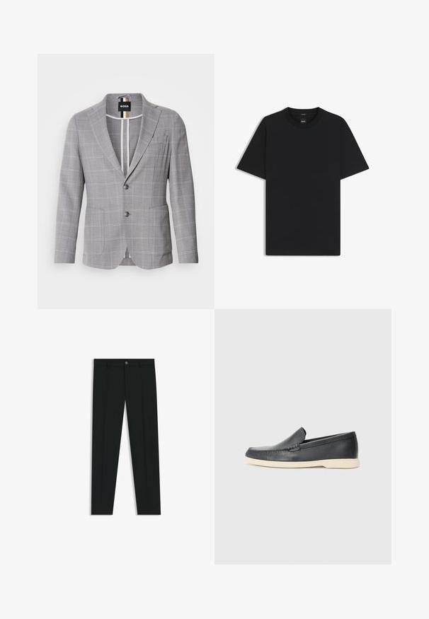 Szary, w kratę blazer wykonany z tkaniny o subtelnej strukturze. Posiada klapy z wycięciem, zapięcie na dwa guziki oraz przednie kieszenie.; Czarny t-shirt krótki rękaw wykonany z gładkiej mieszanki bawełny, z okrągłym dekoltem i minimalistycznym designem bez wzorów czy akcentów.; Czarne spodnie materiałowe z prostymi nogawkami, wykonane z gładkiego materiału. Posiadają zamek na guzik z przodu oraz szlufki na pasek. Gładkie, bez wzorów.; Czarne skórzane slip-ony w stylu loafers z teksturowanym wykończeniem i kontrastującą beżową gumową podeszwą. Posiadają delikatny akcent wzdłuż przodu.