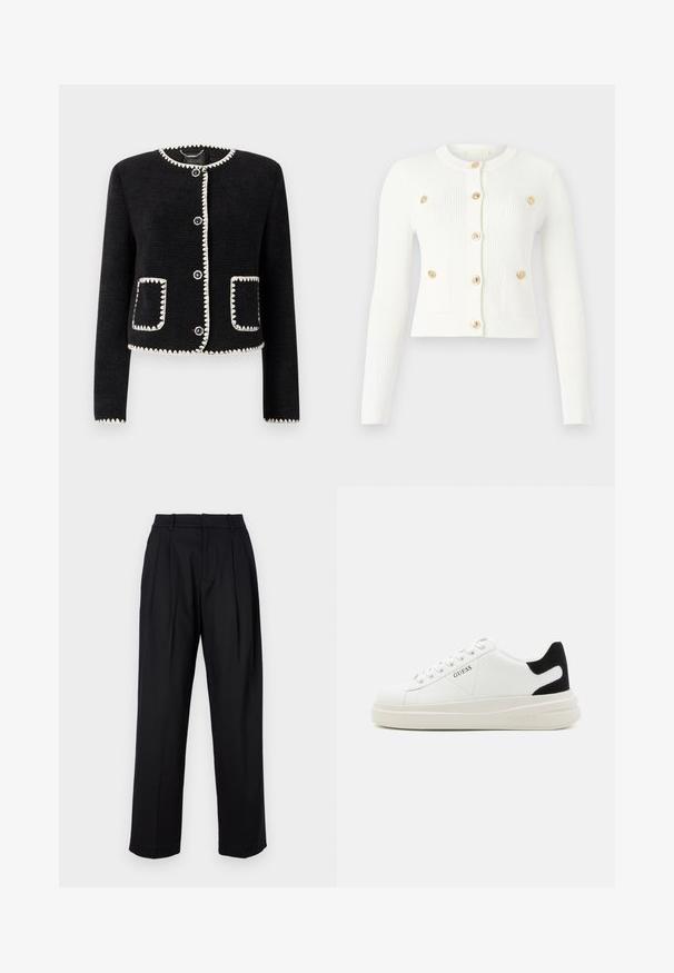 Schwarze Jacke mit weißem Wellenrand, rundem Ausschnitt und sechs Vorderknöpfen. Verfügt über zwei aufgesetzte Taschen mit passendem Rand. Texturiert.; Weißer gerippter Cardigan mit langen Ärmeln, runder Halslinie, sechs goldenen Knöpfen und zwei vorderen Taschen mit Klappendetails.; Gestricktes weißes Kurzarmoberteil mit subtilen Mustern, das über einen runden Ausschnitt und einen goldenen Akzent am Saum verfügt. Die Textur wirkt leicht und atmungsaktiv.; Schwarze Hose mit maßgeschneidertem Design, featuring eine hohe Taille, Falten und geraden Beinen. Hergestellt aus glattem Stoff in einfarbiger Ausführung.; Weiße Leder-Sneaker mit einer dicken weißen Sohle, schwarzem Wildlederakzent an der Ferse und geprägtem Logo an der Seite. Schnürdesign mit sechs Ösen.