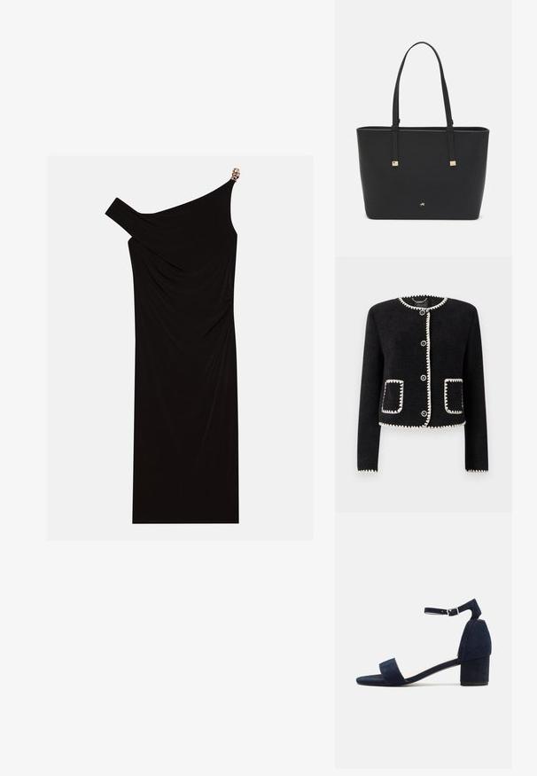 Casaco preto com acabamento branco em escalope, gola redonda e seis botões frontais. Apresenta dois bolsos de remendo com acabamento correspondente. Tecido texturizado.; Vestido preto de um ombro, feito de tecido drapeado, com um detalhe dourado no ombro, textura suave e design até ao joelho.; Sandal de camurça azul-marinho com uma ampla tiras frontal, tira ajustável no tornozelo e um salto quadrado. Textura suave com um design minimalista.; Saco tote preto feito de material sintético, apresentando um design retangular simples, com detalhes quadrados dourados e duas alças.