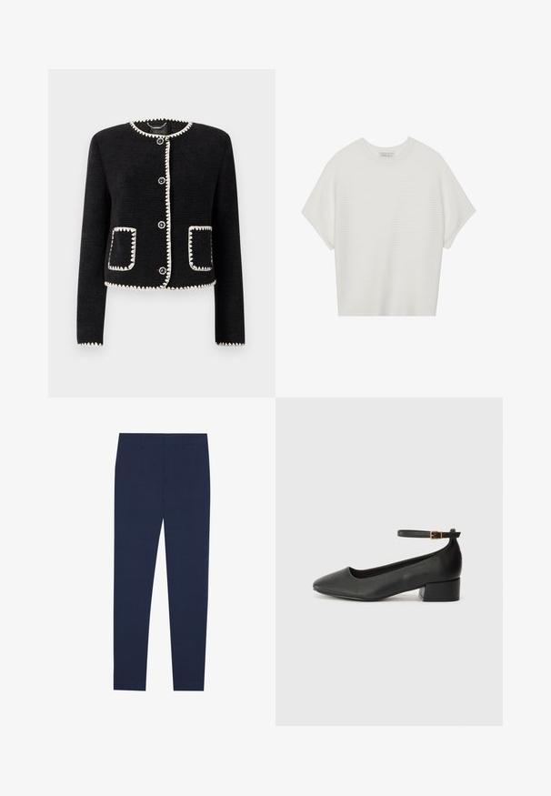 Black jacket with white scalloped trim, round neckline, and six front buttons. Features two patch pockets with matching trim. Textured fabric.; White short-sleeve t-shirt with a wide crew neck and textured ribbed pattern, made of soft fabric, featuring a relaxed fit and a clean design.; Navy blue trousers made from smooth fabric, featuring a straight-leg design and a flat front. No visible patterns or accents.; Black leather pump with a pointed toe and a low block heel. Features an ankle strap with a gold-tone buckle. Smooth texture.