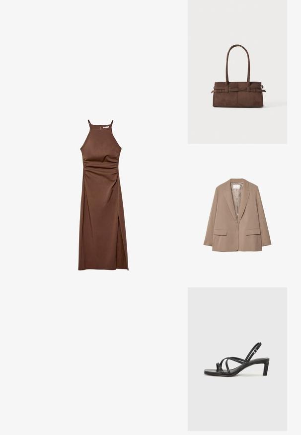 Beige blazer med prikker, med sildesalgsprint, med en let v-formet krave, to frontlommer og en glat foring. Har skræddersyet pasform og afslappet fit.; Stradivarius HALTER - Etuikjole - dark brown; Sort remsandale med firkantet tå og en lav blokeret hæl. Har flere tynde stropper og en justerbar ankelrem. Fremstillet af glat læder.; Brun ruskinds håndtaske med to robuste håndtag, rektangulær form og dekorativt stropdetalje på forsiden.