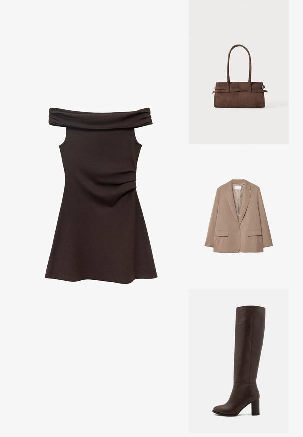 Beige gestreifter Blazer mit Reverskragen, zwei Vorderaschen und glatter Fütterung. Hat eine taillierte Form und lockere Passform.; Braunfarbiges, schulterfreies Kleid mit taillierter Corsage, aus weichem Stoff und gerafften Details an der Taille, das sich zu einem Rock im Skater-Stil ausweitet.; Braune Lederstiefel bis zum Knie mit Blockabsatz, glatter Textur, runder Spitze und minimalen Nahtdetails.; Braune Wildleder-Handtasche mit zwei stabilen Griffen, rechteckiger Form und dekorativem Riemen-Detail an der Vorderseite.