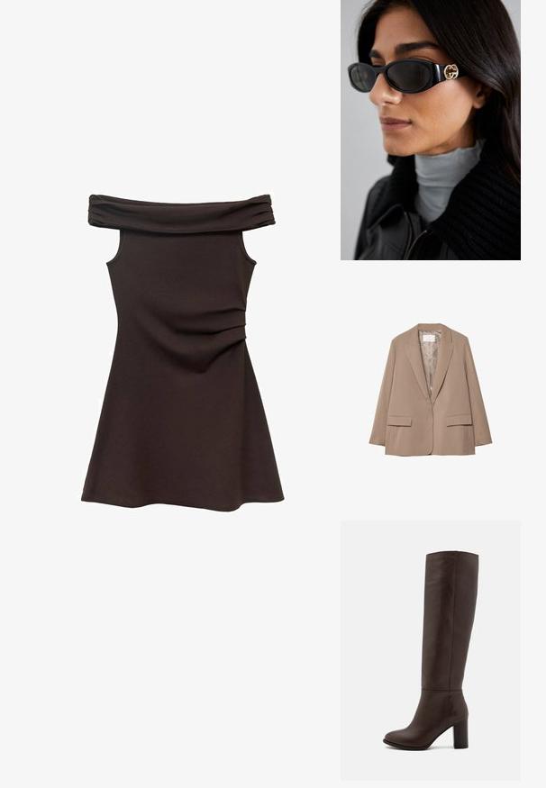 Beige gestreifter Blazer mit Reverskragen, zwei Vorderaschen und glatter Fütterung. Hat eine taillierte Form und lockere Passform.; Braunfarbiges, schulterfreies Kleid mit taillierter Corsage, aus weichem Stoff und gerafften Details an der Taille, das sich zu einem Rock im Skater-Stil ausweitet.; Braune Lederstiefel bis zum Knie mit Blockabsatz, glatter Textur, runder Spitze und minimalen Nahtdetails.; Schwarze Sonnenbrille mit einem schlanken rechteckigen Rahmen und einem goldenen Logo-Akzent an der Seite. Dunkle Gläser und glänzende Oberfläche sind auffällig.
