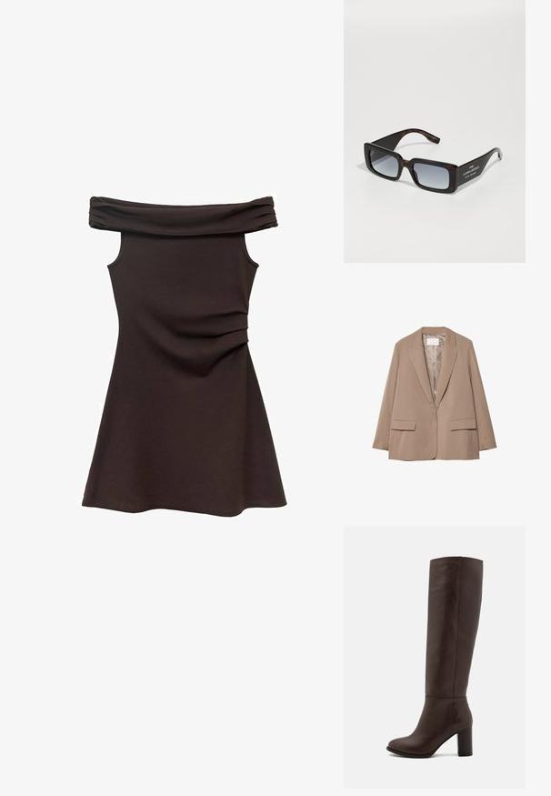 Beige gestreifter Blazer mit Reverskragen, zwei Vorderaschen und glatter Fütterung. Hat eine taillierte Form und lockere Passform.; Braunfarbiges, schulterfreies Kleid mit taillierter Corsage, aus weichem Stoff und gerafften Details an der Taille, das sich zu einem Rock im Skater-Stil ausweitet.; Braune Lederstiefel bis zum Knie mit Blockabsatz, glatter Textur, runder Spitze und minimalen Nahtdetails.; Schildpatt-Übergrößen-Sonnenbrille mit grauen Verlaufsgläsern. Verfügt über ein rechteckiges Rahmen-Design und weißen Markentext an den Schläfen.