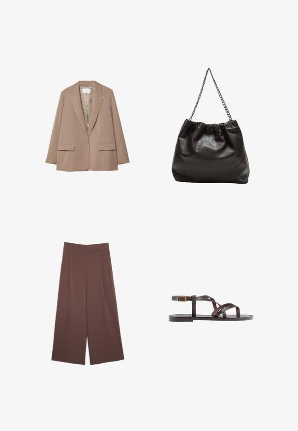 Beige gestreifter Blazer mit Reverskragen, zwei Vorderaschen und glatter Fütterung. Hat eine taillierte Form und lockere Passform.; Kurz geschnittenes braunes T-Shirt mit kurzen Ärmeln und rundem Ausschnitt, auf einem weißen Hintergrund präsentiert.; Braune Weite-Leg-Hosen mit einer glatten Textur, hoher Taille und Vorderfalten. Der Stoff ist leicht und fällt locker.; Braune Leder-Sandale mit überkreuzten Riemen, einem Knöchelriemen mit Schnalle und einer flachen Sohle mit minimalen Nähdetails.; Braune Lederhandtasche mit gerafftem Oberteil und Kettenriemen. Glatte Textur mit glänzendem Finish und subtilen Nahtdetails an den Seiten.