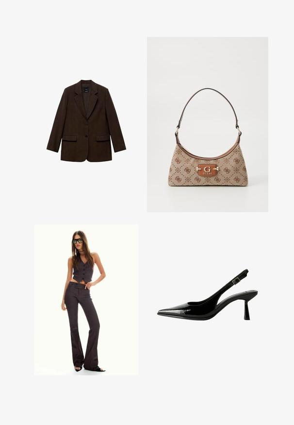 Hnědý blejzr se strukturovaným designem, dvěma předními kapsami, dvěma knoflíky a klopami. Vyroben z texturované tkaniny.; Krémový top s dlouhými rukávy, širokým výstřihem a rozšířenými rukávy. Hladká, lehká látka. Jednoduchý, minimalistický design bez ozdob.; Hnědý pruhovaný zkrácený vest a rozšířené kalhoty, s knoflíky a texturovanou látkou. Černé otevřené boty na podpatku a oversized sluneční brýle.; Černé lakované kožené lodičky na podpatku s špičatou špičkou, výřezy na stranách, nastavitelným páskem kolem kotníku a tenkým, elegantním podpatkem.; Plátěná taška v béžové barvě s hnědými vzorovanými akcenty. Má zakřivený tvar, jeden popruh a na přední straně logovou destičku se stříbrným kováním.