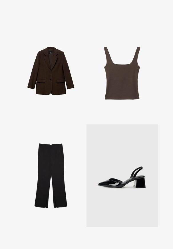Ruskea bleiseri, jossa on jämäkkä muotoilu, kaksi etupussia, kaksi nappia ja uurrettu kaulus. Valmistettu teksturoituu materiaalista.; Ruskea hihaton toppi, jossa on neliönmuotoinen kaula-aukko, valmistettu pehmeästä ja joustavasta kankaasta. Ominaisuuksiin kuuluu istuva muotoilu ja sileät saumat.; Mustat housut suoralinjaisella leikkauksella, joissa on etutaskut ja sivurei'ät helman alla. Valmistettu pehmeästä ja sileästä kankaasta. Sopii eri tilaisuuksiin.; Mustat patentoitu nahkakengät, joissa on säären takaosa ja terävä kärki, sekä geometrinen palikkakorko. Sisältää tyylikkään, minimalistisen muotoilun ja sileän pinnan.