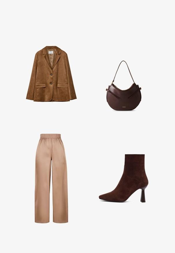 Blazer en suède marron avec deux poches avant, revers en notch et fermeture à deux boutons. Texture lisse et forme structurée.; Gilet sans manches en tricot beige avec col roulé, bords côtelés aux emmanchures et à l'ourlet, sur un fond blanc.; Pantalons à jambes larges, de couleur marron clair, fabriqués dans un tissu lisse avec une taille élastique, présentant un design simple sans embellissements supplémentaires.; Bottine en daim marron avec un bout pointu, un design ajusté et un talon haut fin, présentant des lignes épurées et une texture lisse.; Sac à épaule en cuir marron au design arrondi, avec deux sangles plates et un logo en accent doré. Texture lisse avec un matériel minimal.