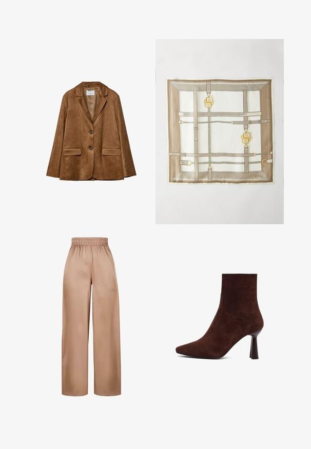 Blazer en suède marron avec deux poches avant, revers en notch et fermeture à deux boutons. Texture lisse et forme structurée.; Gilet sans manches en tricot beige avec col roulé, bords côtelés aux emmanchures et à l'ourlet, sur un fond blanc.; Pantalons à jambes larges, de couleur marron clair, fabriqués dans un tissu lisse avec une taille élastique, présentant un design simple sans embellissements supplémentaires.; Bottine en daim marron avec un bout pointu, un design ajusté et un talon haut fin, présentant des lignes épurées et une texture lisse.; Étole en soie avec un design géométrique beige et blanc, ornée de motifs de ceintures et de chaînes, ainsi que d'accents dorés. Logo "BOSS" dans le coin.; Sac à épaule en cuir marron au design arrondi, avec deux sangles plates et un logo en accent doré. Texture lisse avec un matériel minimal.