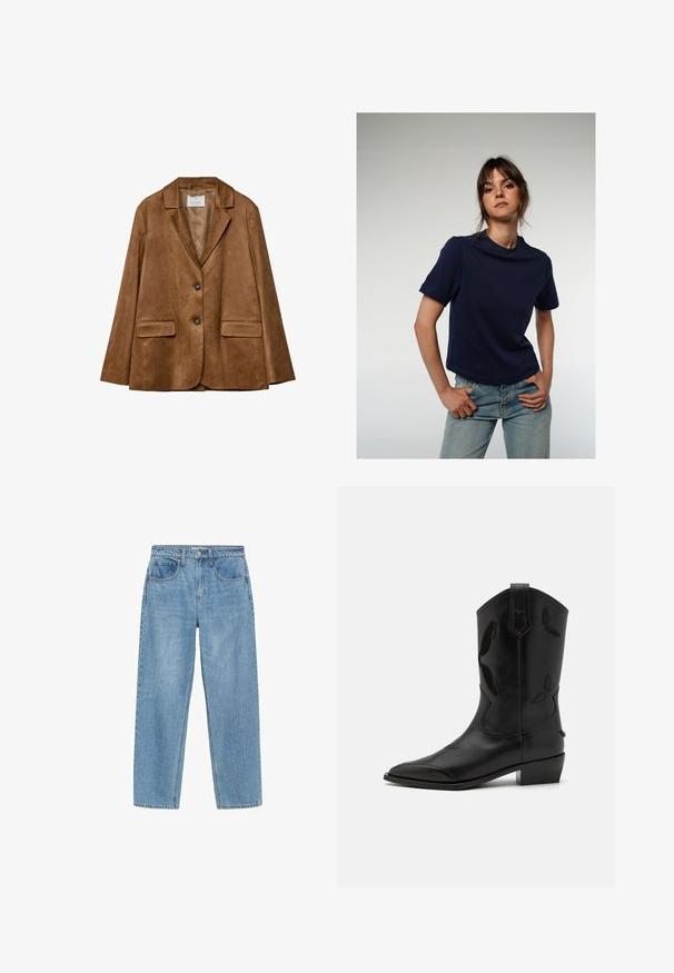 Brown suede blazer with two front pockets, notch lapels, and two-button closure. Smooth texture and structured shape.; Navy blue short-sleeve t-shirt with a round neck, made from soft fabric; paired with light blue denim jeans. Simple design, minimal accents.; Light blue denim jeans with a straight cut, high waist, two front pockets, and a classic button closure. Subtle fading and no embellishments.; Black leather cowboy boot with pointed toe, embroidered accents, and a low heel. Features vertical stitching and side pull tabs.